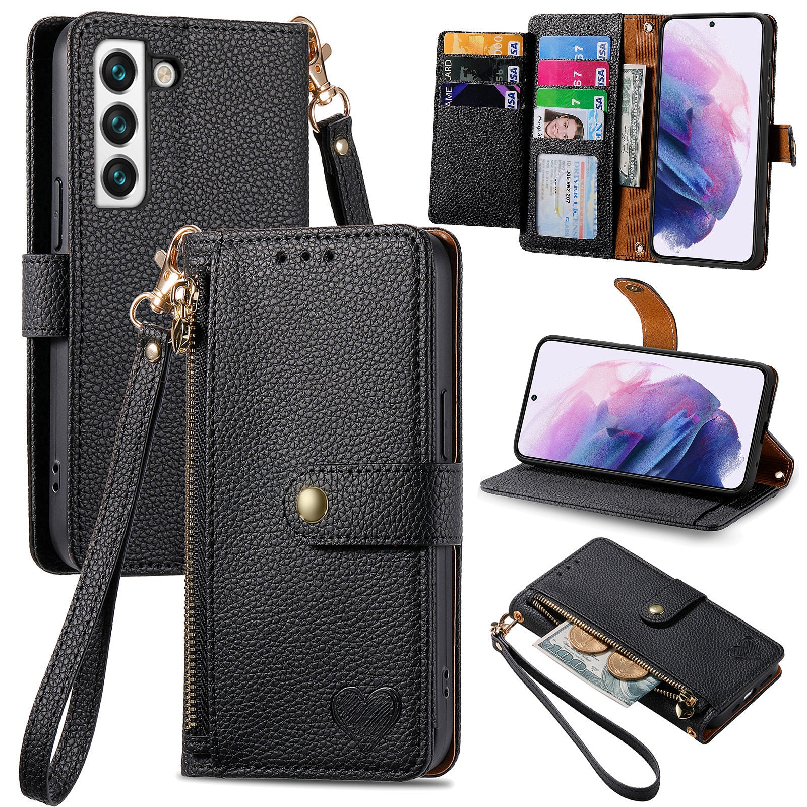 For Samsung Galaxy S22 5G PU Leather RFID Blocking Phone Case Zipper Pocket Wallet Stand Cover For Samsung Galaxy S22 5G PU Leather RFID Blocking Phone Case Zipper Pocket Wallet Stand Cover